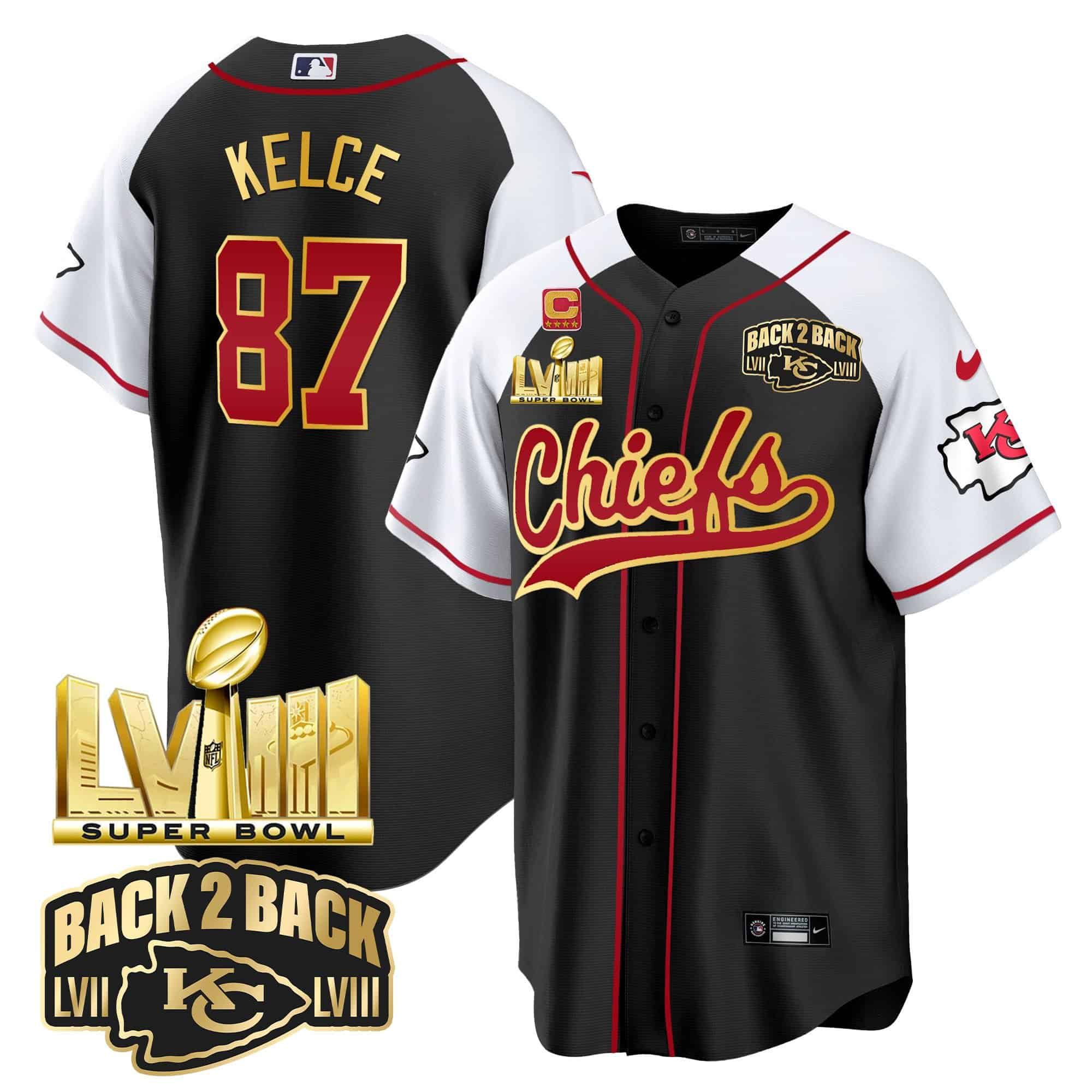 Men Kansas City Chiefs #87 Kelce Black 2024 Nike Super Bowl LVIII Back-2-Back Gold Patch Baseball NFL Jersey style 1